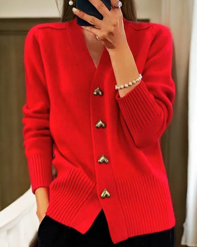 Evie | Women's Knitted Cardigan V-Neck Heart Button