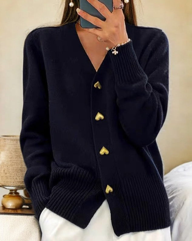 Amelie | Gold Heart Button V-Neck Knit Cardigans for Women