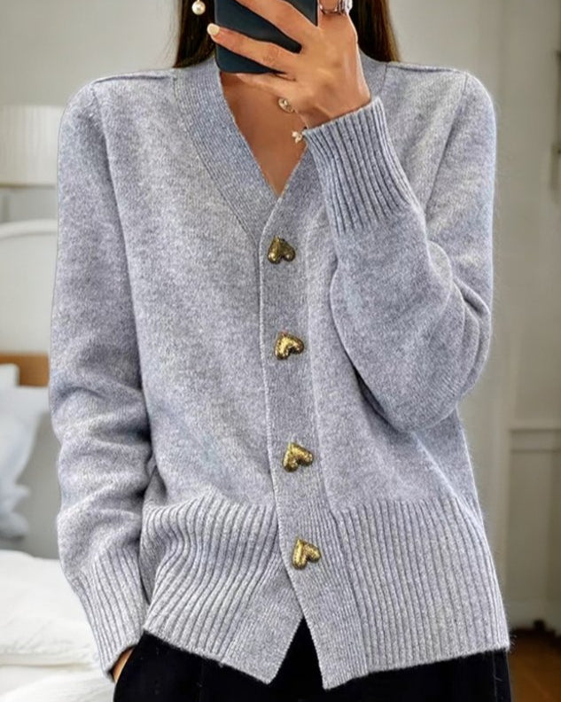 Amelie | Gold Heart Button V-Neck Knit Cardigans for Women